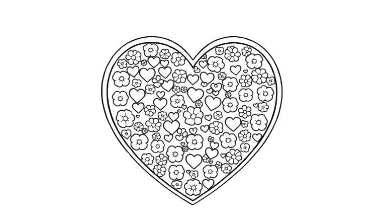 Kleurplaat van een groot hart gevuld met bloemen en kleine hartjes.