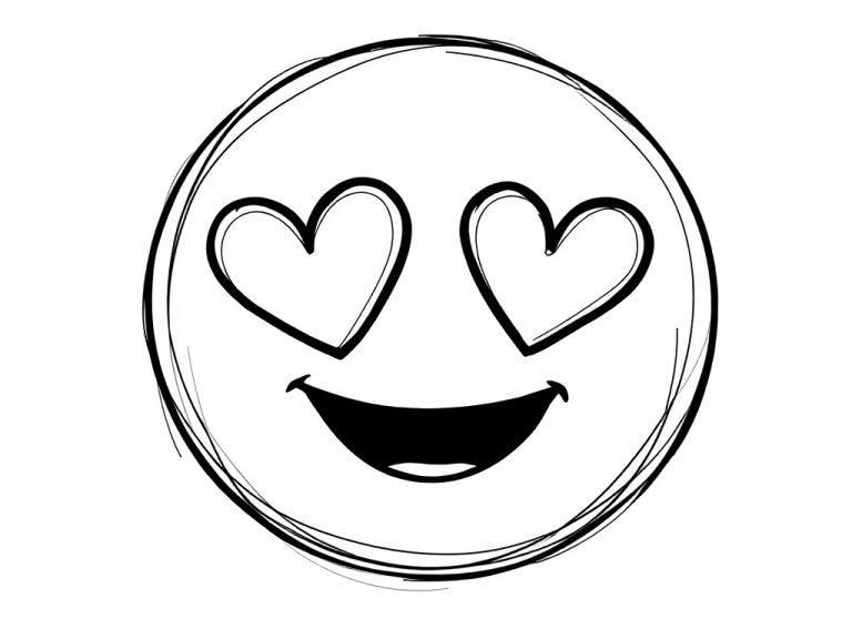 Een zwart-wit kleurplaat van een emoji met hartjes als ogen en een brede glimlach.
