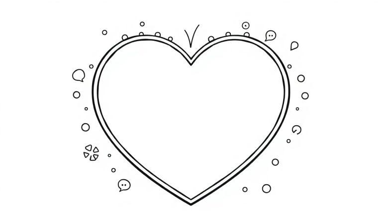 Hartvormige kleurplaat met een grote lege ruimte in het midden en kleine hartjes eromheen.