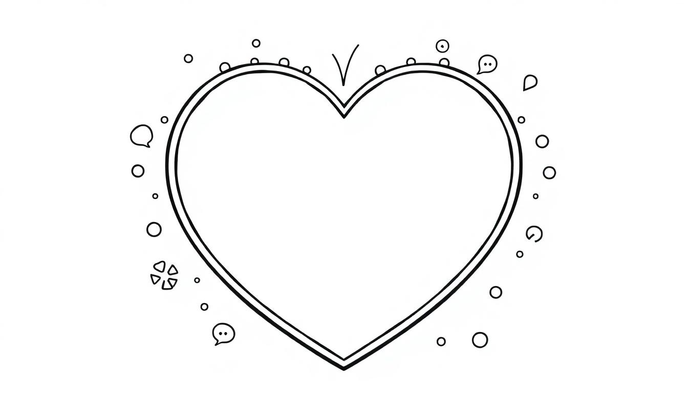 Hartvormige kleurplaat met een grote lege ruimte in het midden en kleine hartjes eromheen.