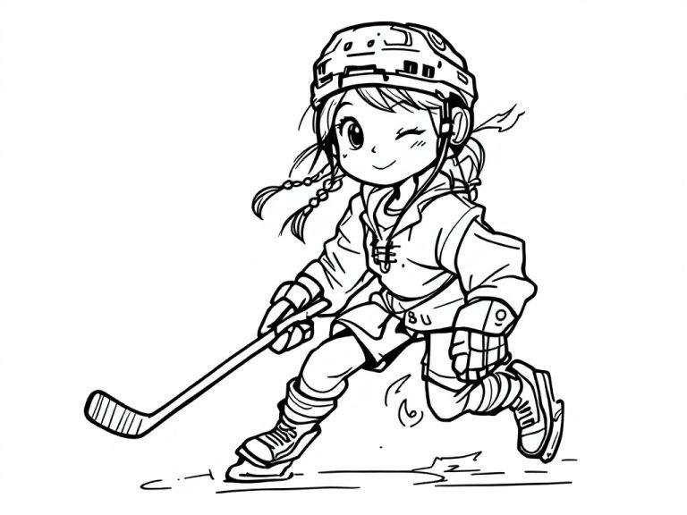 Kleurplaat van een vrolijk hockey meisje op schaatsen.