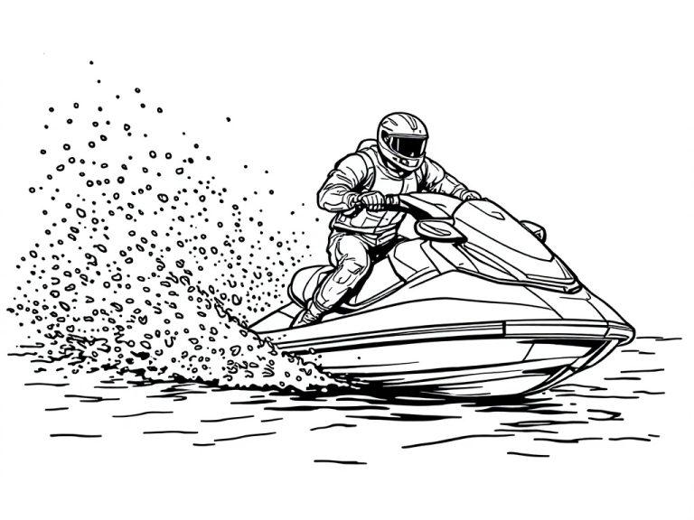 Kleurplaat van een persoon op een jetski die over het water racet.