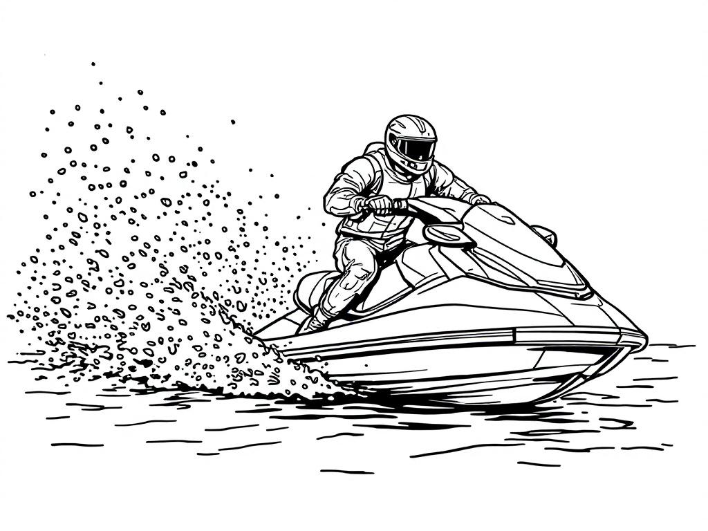 Kleurplaat van een persoon op een jetski die over het water racet.