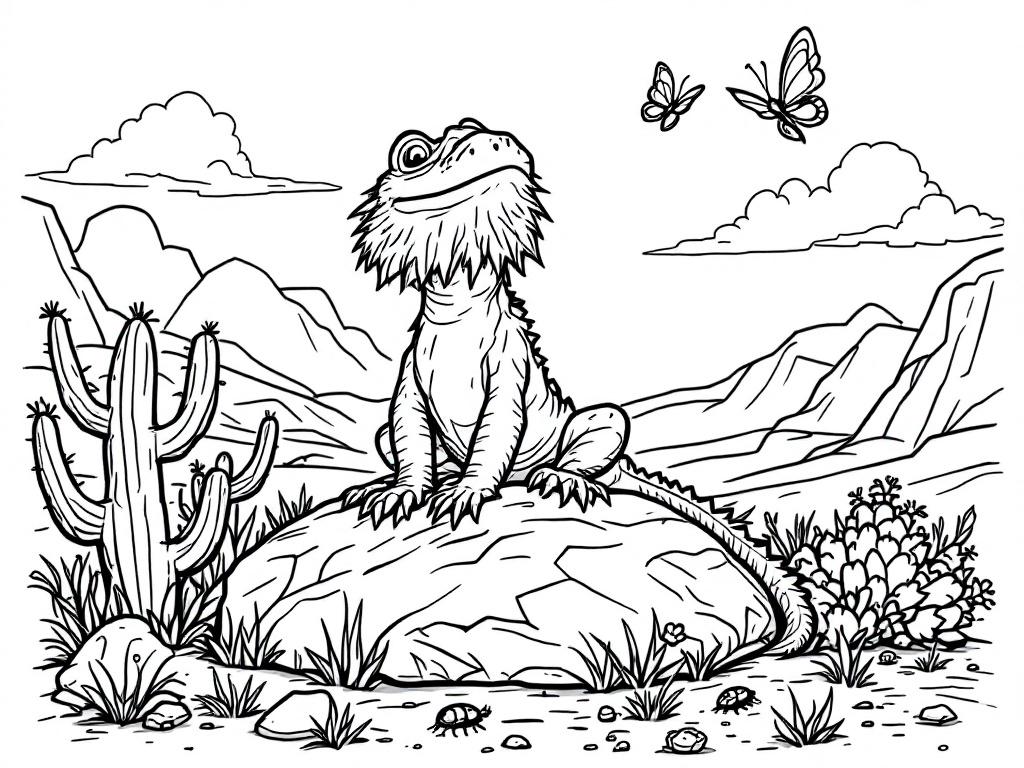 Een kleurplaat van een baardagame die op een rots in de woestijn zit, met cactussen en vlinders om hem heen.