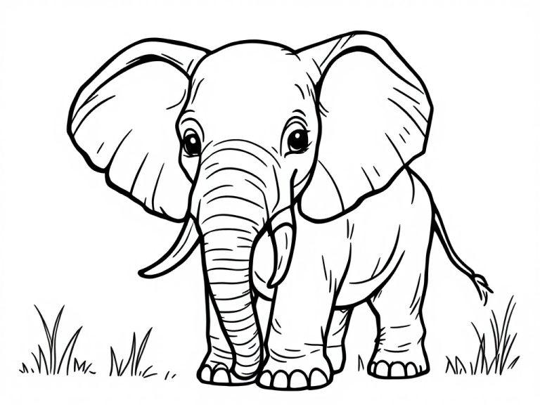 Kleurplaat van een schattige babyolifant in het gras.