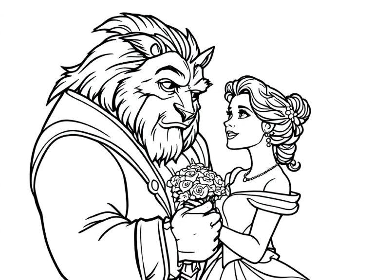 Kleurplaat van Belle en het Beest die elkaar liefdevol aankijken.