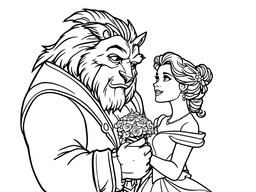 Kleurplaat van Belle en het Beest die elkaar liefdevol aankijken.