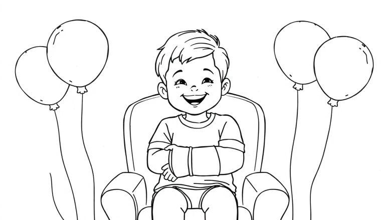 Kleurplaat van een glimlachende jongen met een gebroken arm in het gips, omringd door ballonnen.