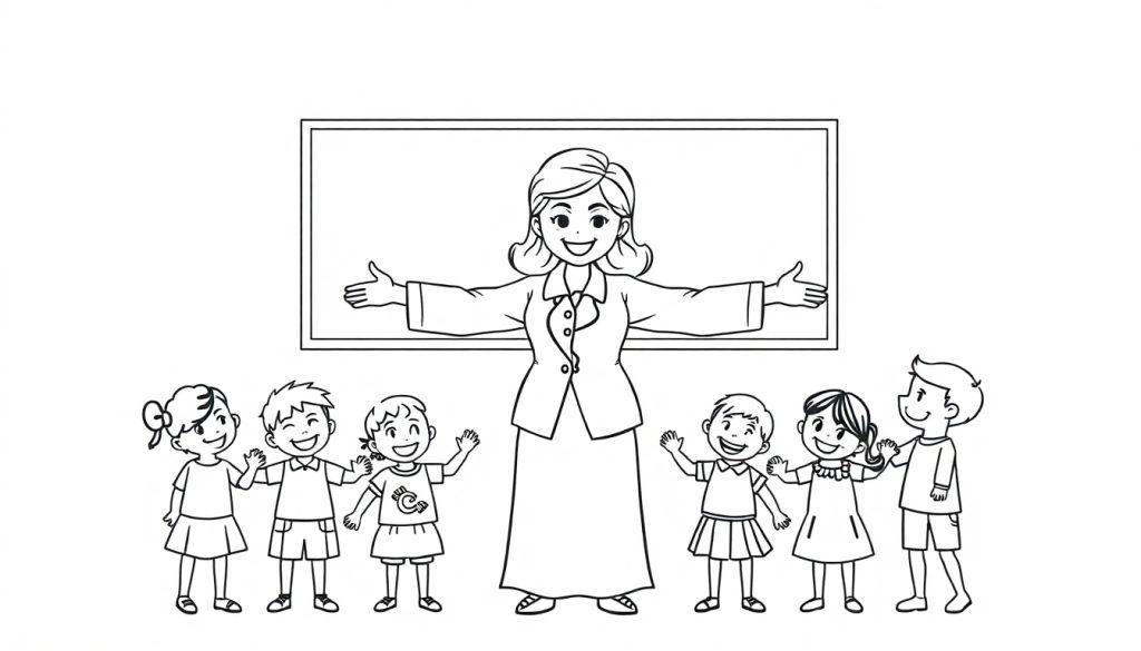 Kleurplaat van een lieve juf met uitgestrekte armen, omringd door lachende kinderen.