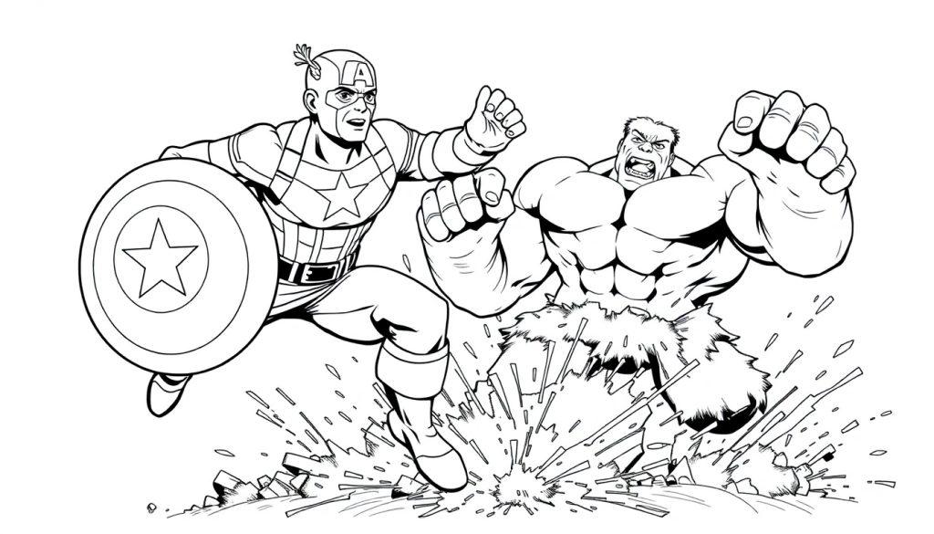 Kleurplaat van Captain America en Hulk die samen actie ondernemen.