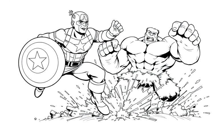Kleurplaat van Captain America en Hulk die samen actie ondernemen.