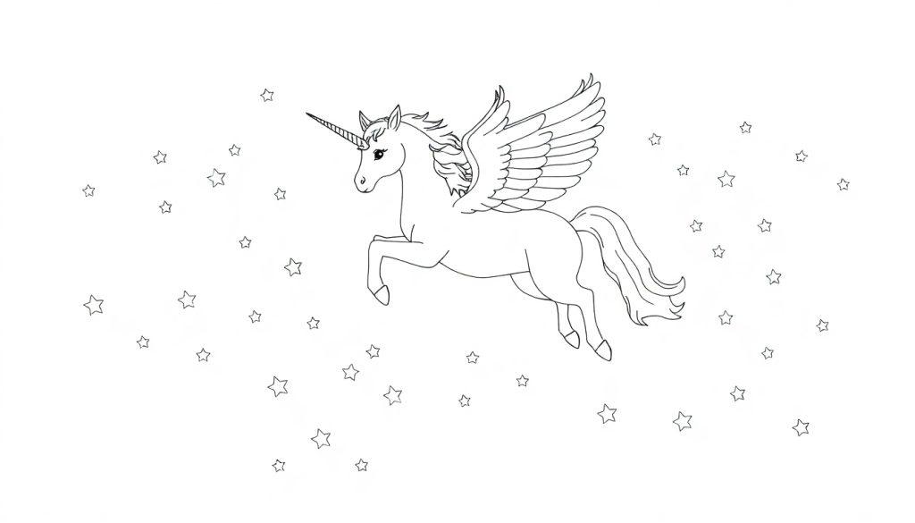 Kleurplaat van een eenhoorn met vleugels die vliegt tussen sterren.