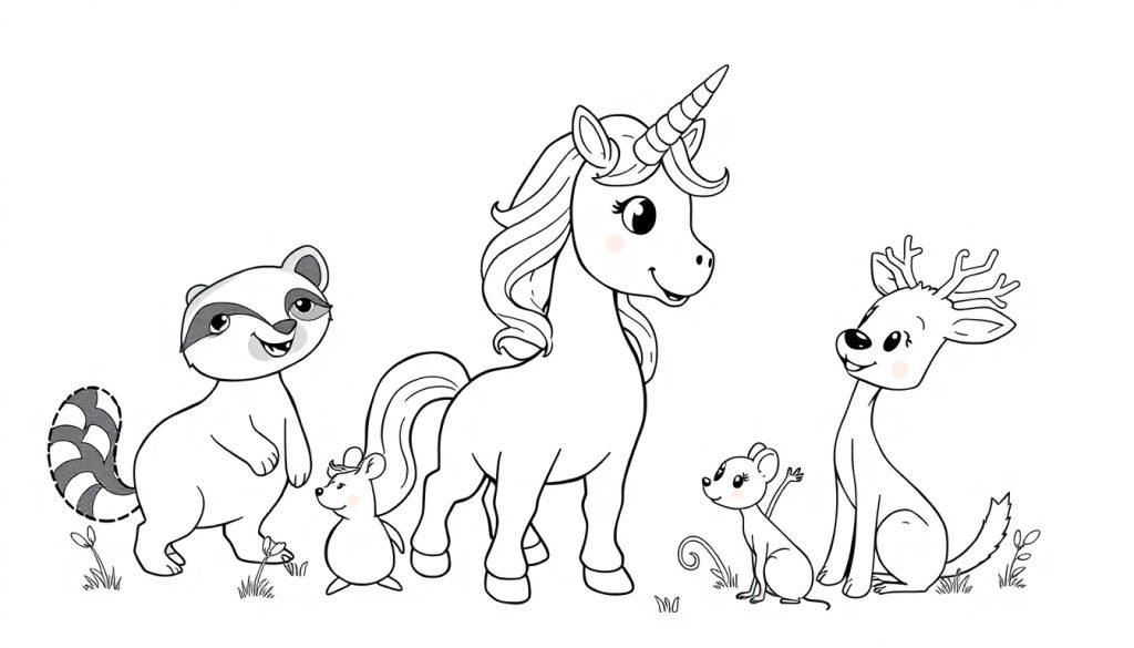 Een kleurplaat van een vrolijke eenhoorn met een groep schattige dieren, zoals een wasbeer, muizen en een hert.