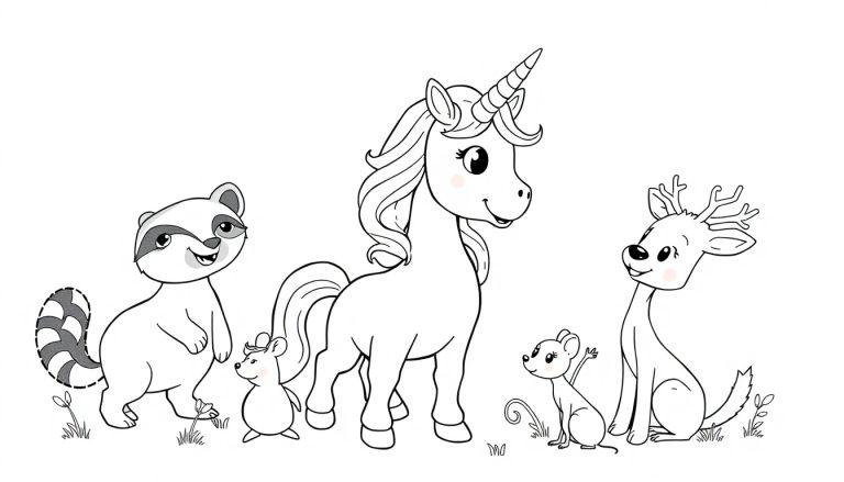 Een kleurplaat van een vrolijke eenhoorn met een groep schattige dieren, zoals een wasbeer, muizen en een hert.