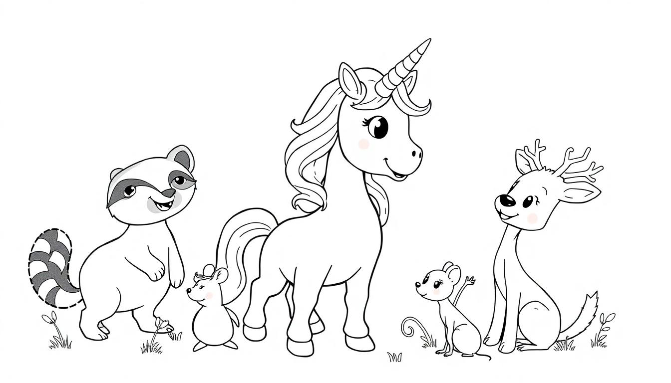 Een kleurplaat van een vrolijke eenhoorn met een groep schattige dieren, zoals een wasbeer, muizen en een hert.