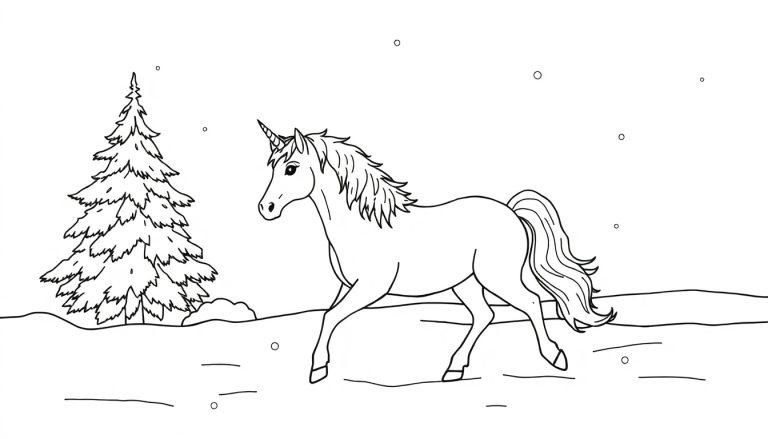 Een kleurplaat van een eenhoorn die door een winterwonderland loopt met besneeuwde bomen en sneeuwvlokken.