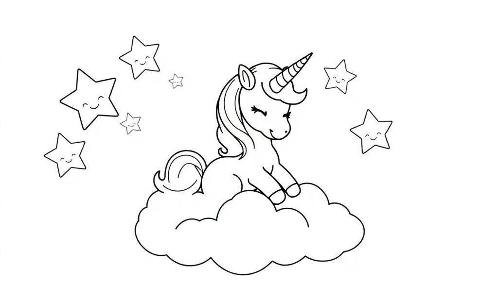 Een kleurplaat van een lieve eenhoorn op een wolk, omringd door slapende sterren.