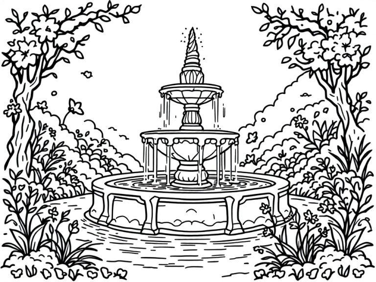 Een kleurplaat van een fontein met een eenhoornspiraal bovenop, omgeven door bloemen en bomen.