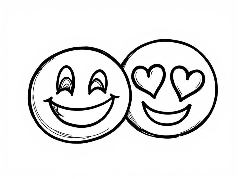 Twee vrolijke emoji's: eentje met een glimlach en eentje met hartjesogen, klaar om ingekleurd te worden.