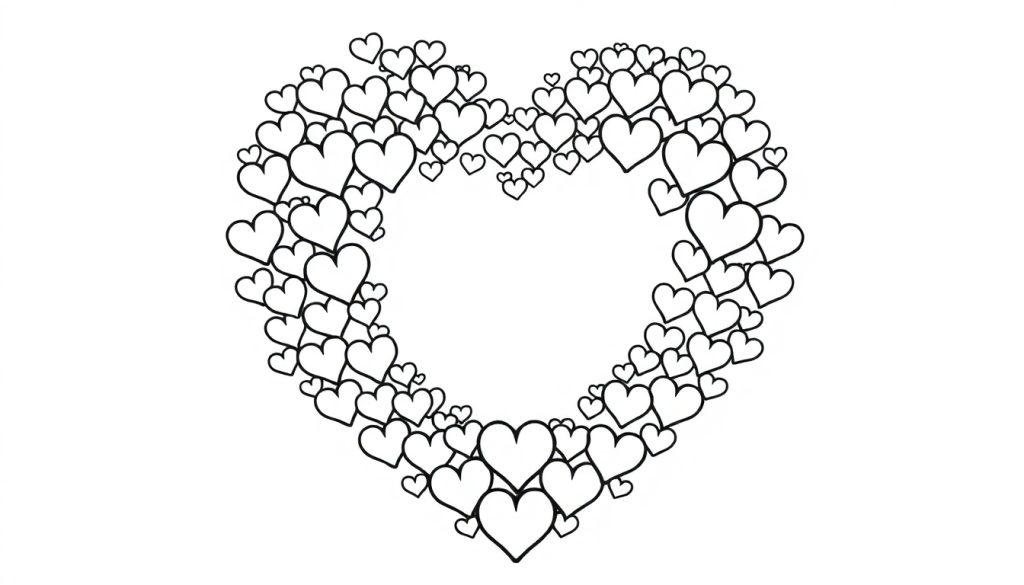 Een kleurplaat van een groot hart gemaakt van kleinere hartjes met een lege ruimte in het midden.