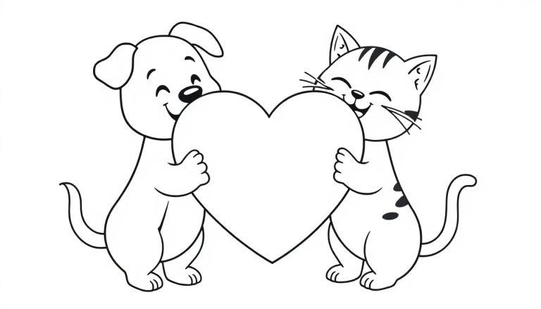 Kleurplaat van een blije hond en kat die samen een groot hart vasthouden.