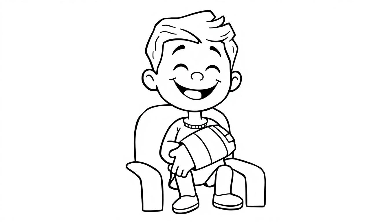 Kleurplaat van een lachende jongen met een arm in het gips.