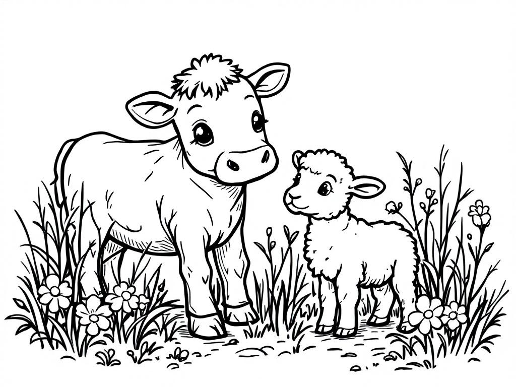 Een kleurplaat van een kalfje en een lammetje in een bloeiende weide.