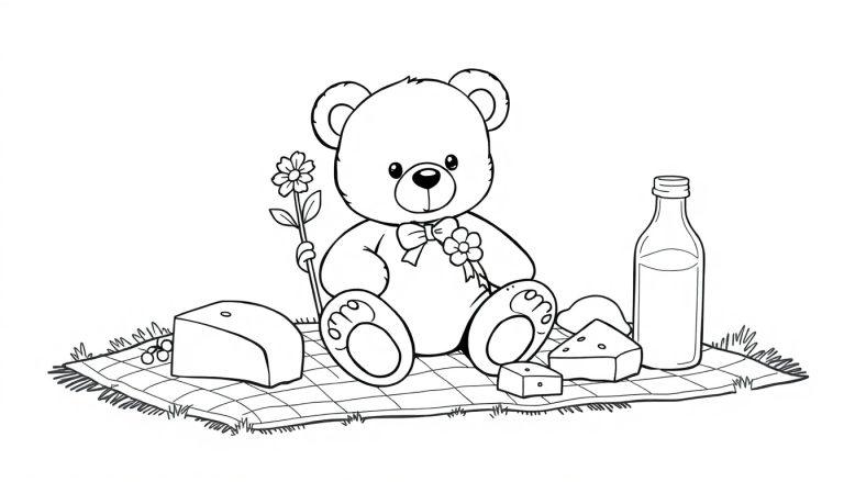 Kleurplaat van een knuffelbeer met bloemen op een picknickkleed, samen met kaasblokjes en een flesje drinken.