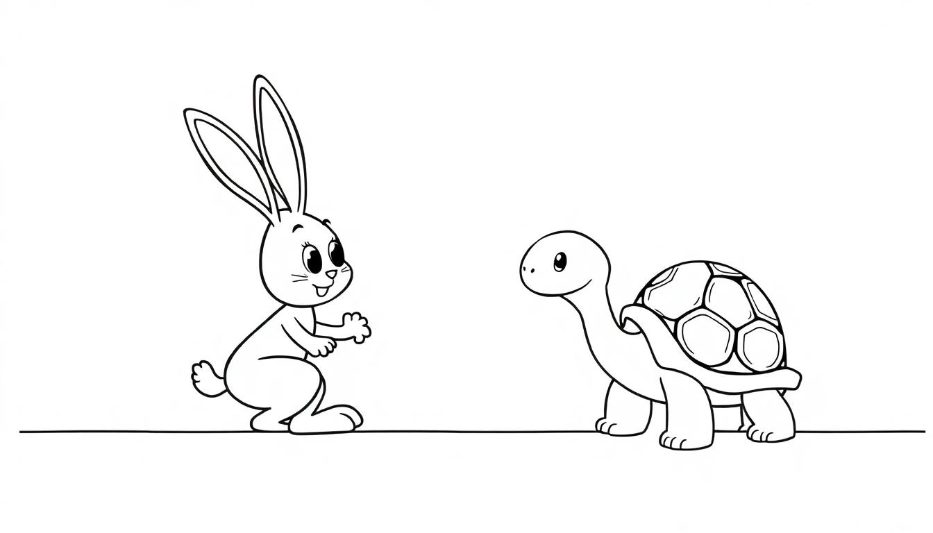 Kleurplaat van een konijn en een schildpad die zich klaarmaken voor een race.
