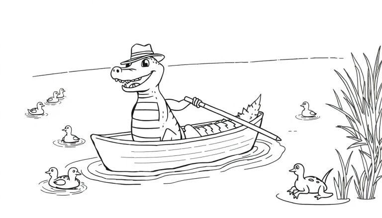 Kleurplaat van een lachende krokodil in een bootje met eendjes om hem heen.