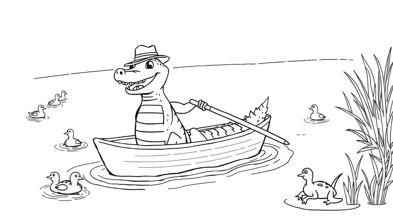 Kleurplaat van een lachende krokodil in een bootje met eendjes om hem heen.