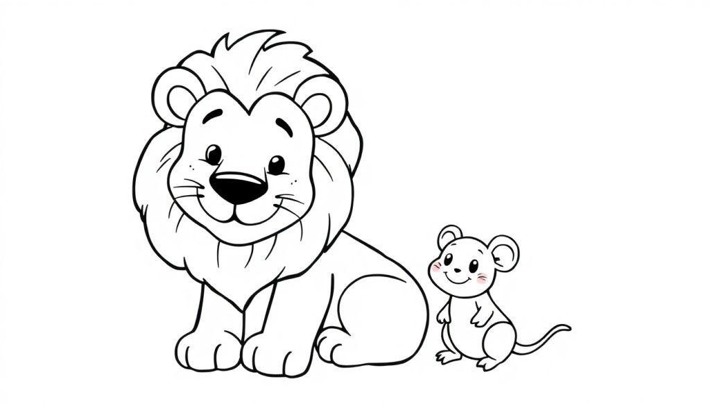 Kleurplaat met een schattige leeuw en een muis.