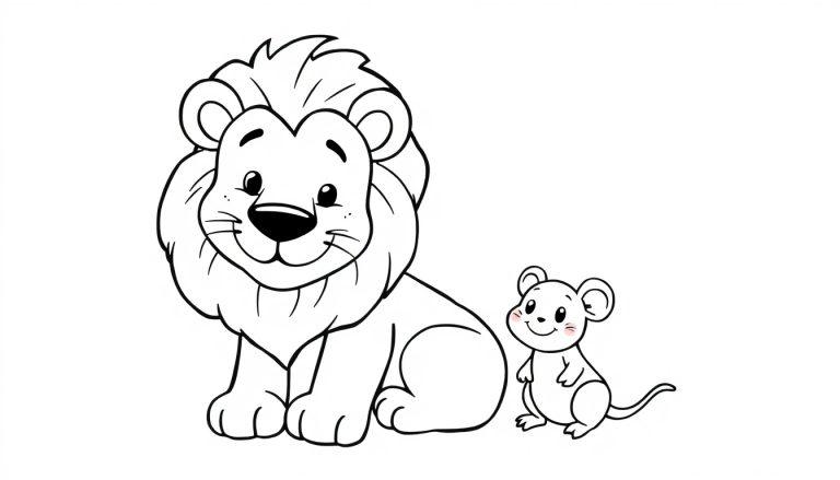 Kleurplaat met een schattige leeuw en een muis.