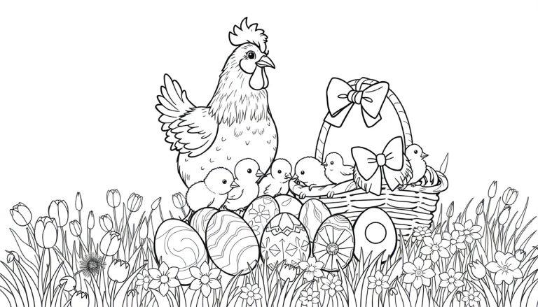Een kleurplaat met een kip, kuikens, paasmand en versierde paaseieren in een lentetuin.