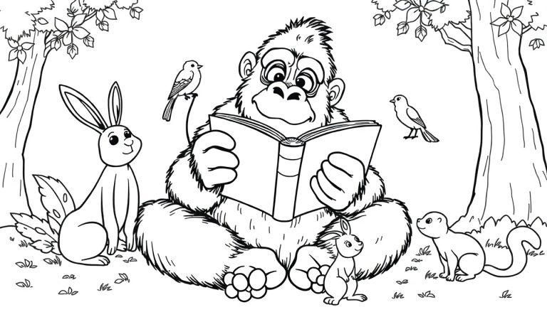 Kleurplaat van een gorilla die een boek leest tussen bosdiertjes.
