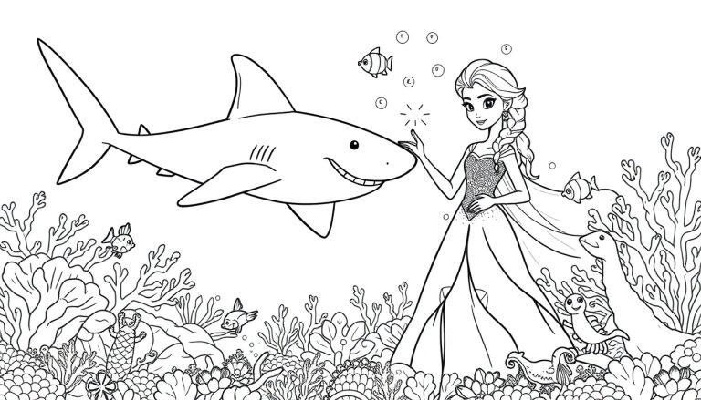 Kleurplaat van een onderwaterwereld met een meisje in een prachtige jurk die een vriendelijke haai begroet tussen kleurrijk koraal.