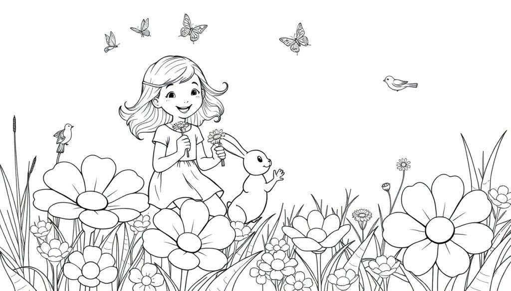 Kleurplaat van een lachend meisje met een konijn tussen grote bloemen en vlinders.