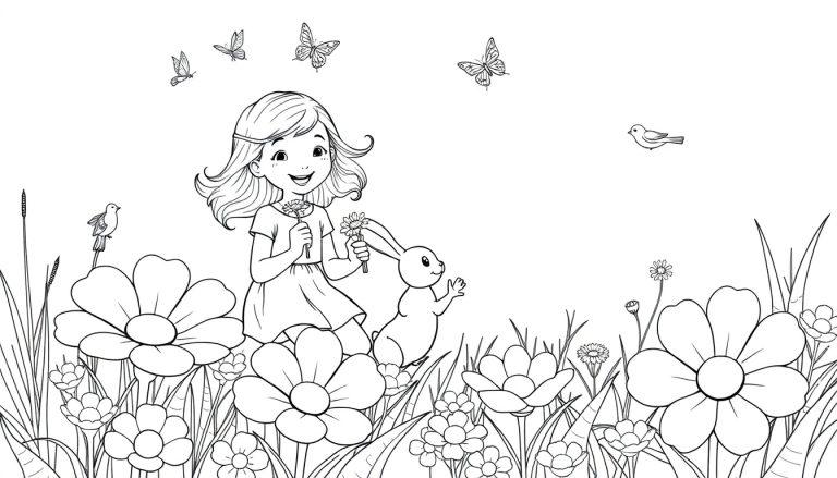 Kleurplaat van een lachend meisje met een konijn tussen grote bloemen en vlinders.