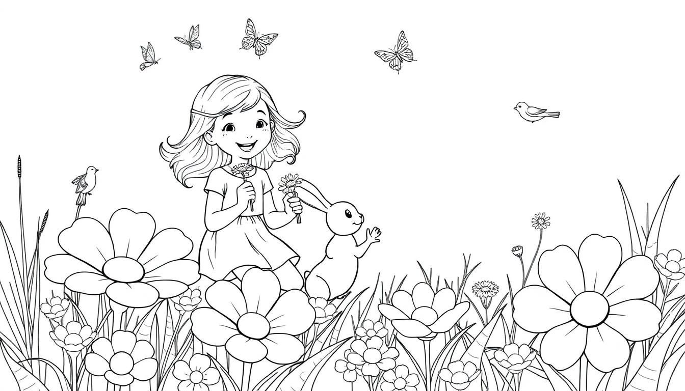 Kleurplaat van een lachend meisje met een konijn tussen grote bloemen en vlinders.