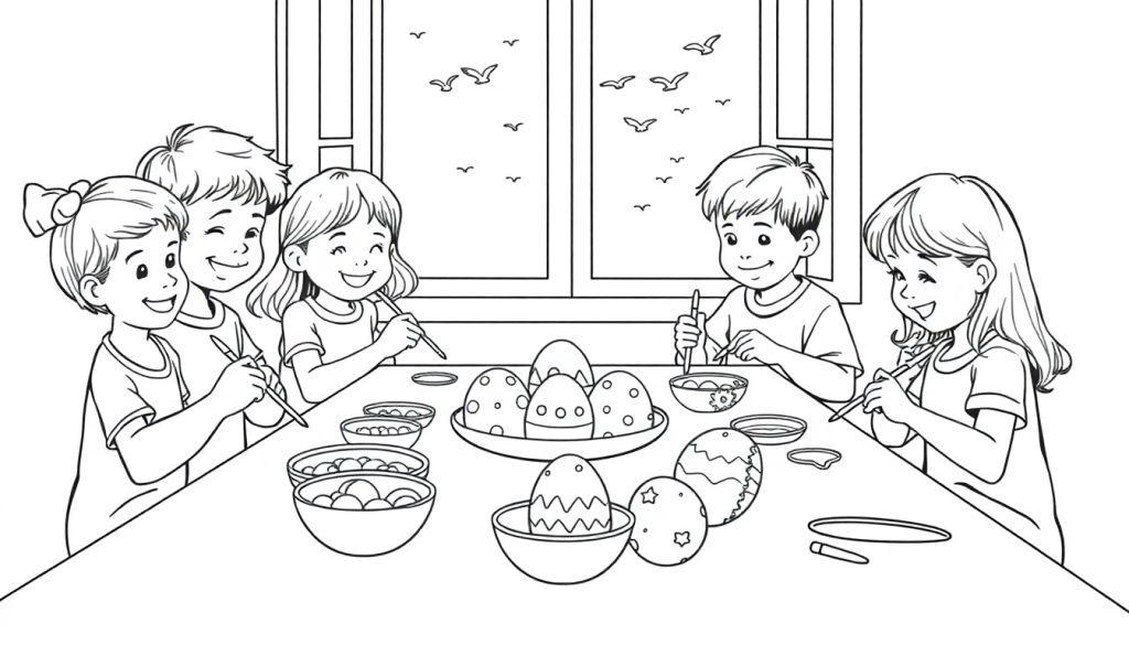 Kleurplaat van kinderen die paaseieren versieren aan een tafel.