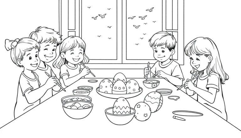 Kleurplaat van kinderen die paaseieren versieren aan een tafel.