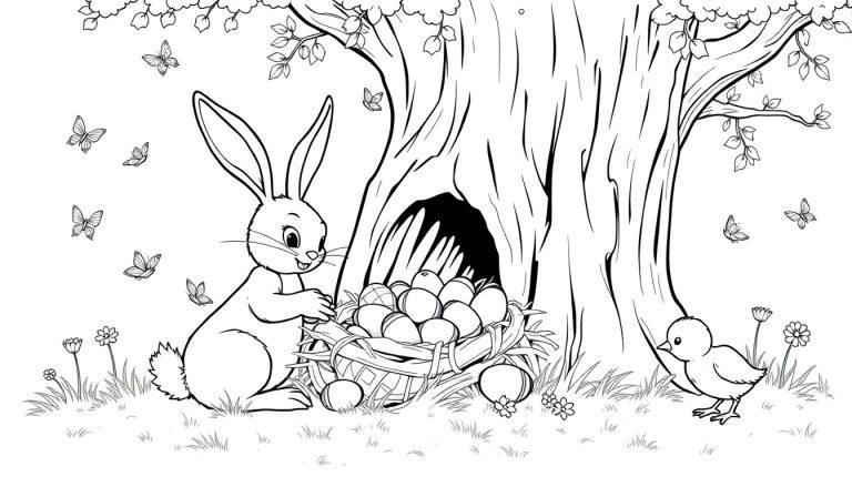 Kleurplaat van een schattige paashaas tussen bloemen met paaseieren.