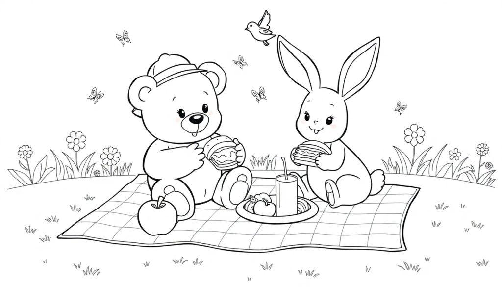 Kleurplaat van een teddybeer en een knuffelkonijn die samen picknicken op een kleed met sandwiches en appels in een bloemenveld.