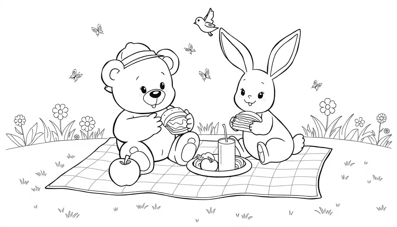 Kleurplaat van een teddybeer en een knuffelkonijn die samen picknicken op een kleed met sandwiches en appels in een bloemenveld.