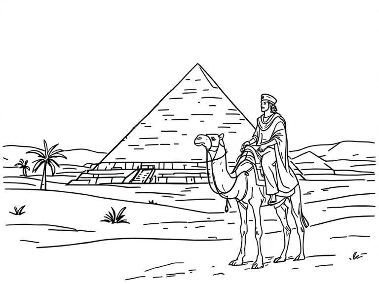 Kleurplaat van een piramide in de woestijn met een kameel en een prins erop.