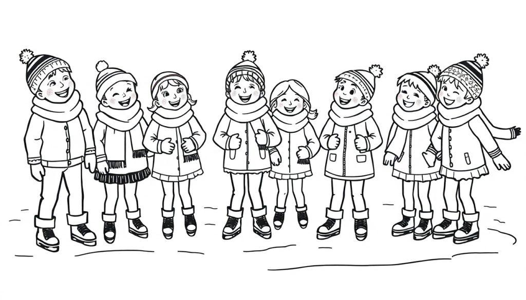 Kleurplaat van lachende kinderen die samen aan het schaatsen zijn in de sneeuw.