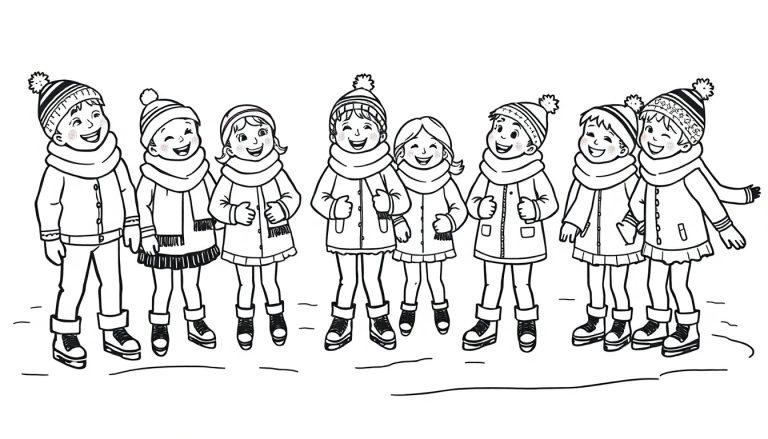 Kleurplaat van lachende kinderen die samen aan het schaatsen zijn in de sneeuw.