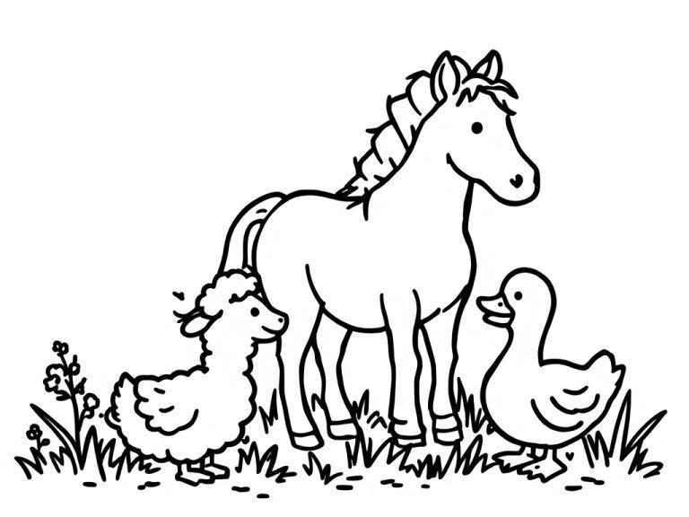 Kleurplaat met een schaap, een paard en een eend in een grasveld.