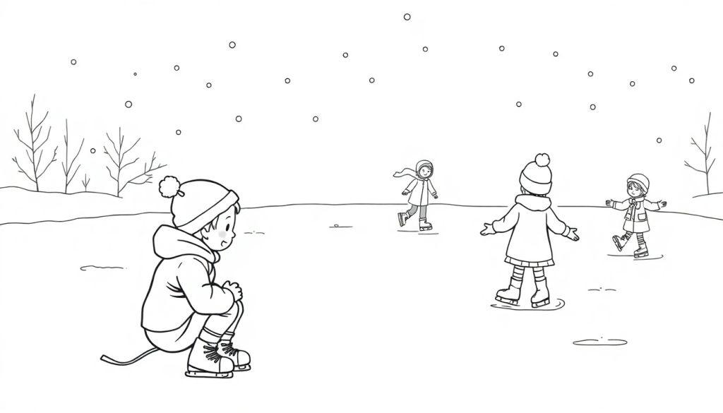 Kleurplaat van kinderen die op een bevroren vijver schaatsen in de sneeuw.