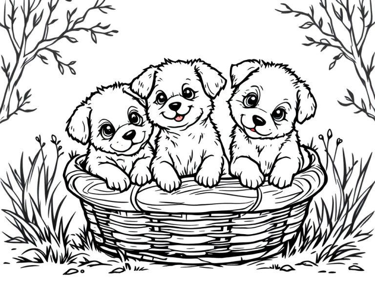 Kleurplaat van drie schattige hondjes in een mand met gras en takjes op de achtergrond.